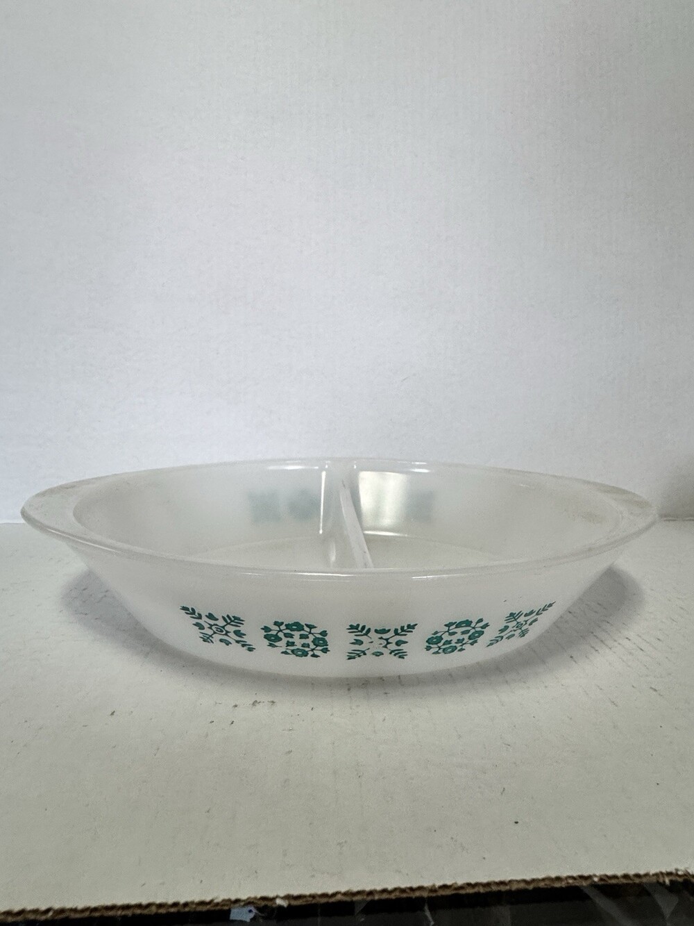 Vintage Glasbake Turquoise Snowflake Floral Divided Casserole